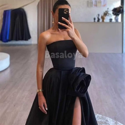 SP0001 Elegant 3D Floral Black Strapless A-Line Satin Prom Evening Dress with Slit