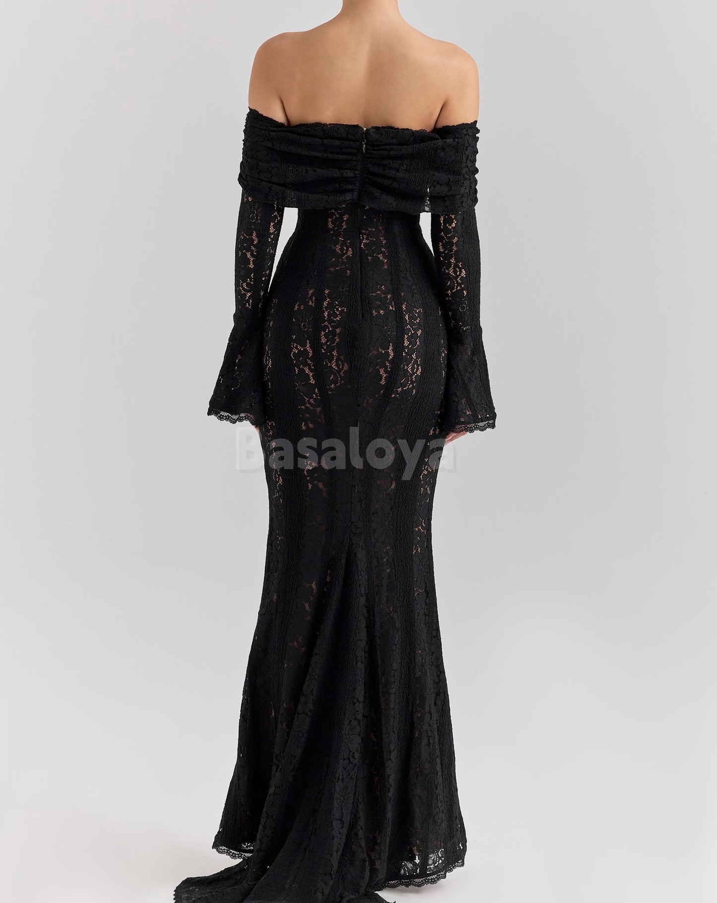 SP0063 Elegant Black Tube Top Long Sleeves Mermaid Lace Formal Prom Dress