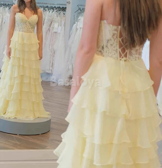 SP0066 Graceful Yellow A-Line Sweetheart Tiered Prom Dress with Appliques