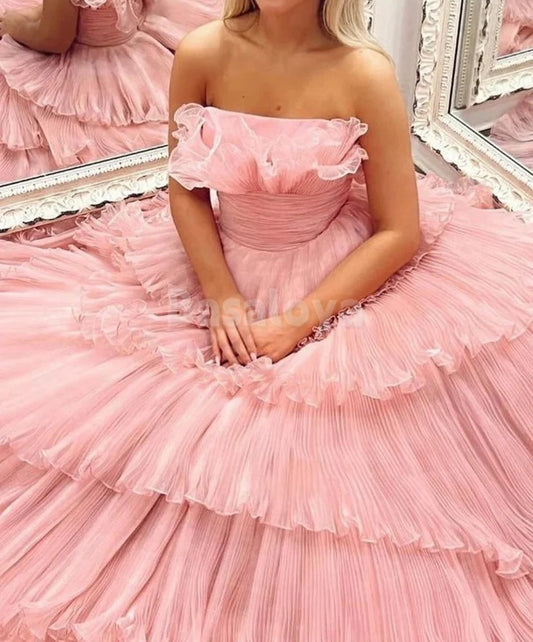 SP0069 Glamorous Pink Tube Top A-Line Tiered Lace Prom Dress Evening Gown