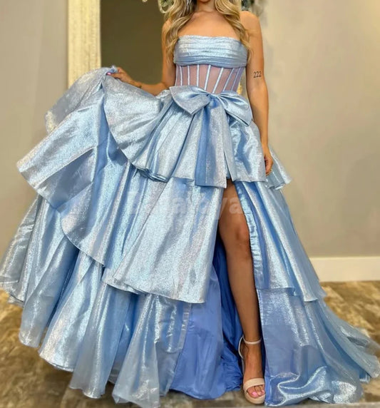 SP0070 Graceful Blue Strapless A-Line Tiered Ball Gown Prom Dress with Bow