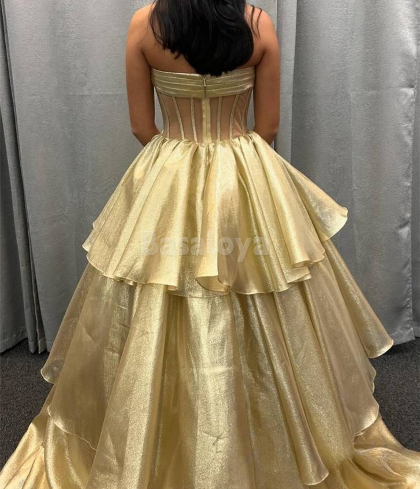 SP0070 Graceful Blue Strapless A-Line Tiered Ball Gown Prom Dress with Bow