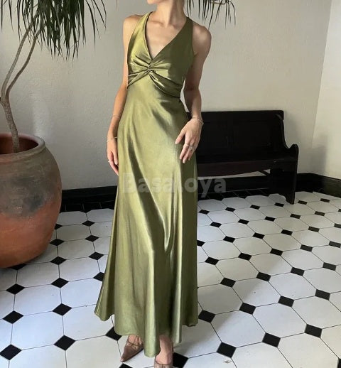SP0076 Classic Peacock Halter Neck Straight Satin Long Prom Dress