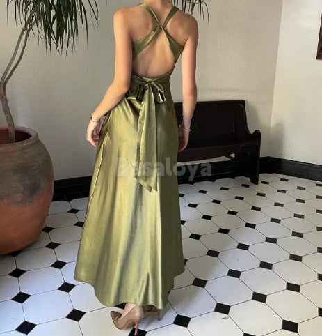 SP0076 Classic Peacock Halter Neck Straight Satin Long Prom Dress