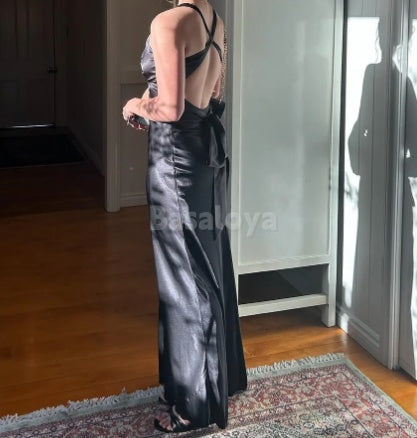 SP0076 Classic Peacock Halter Neck Straight Satin Long Prom Dress