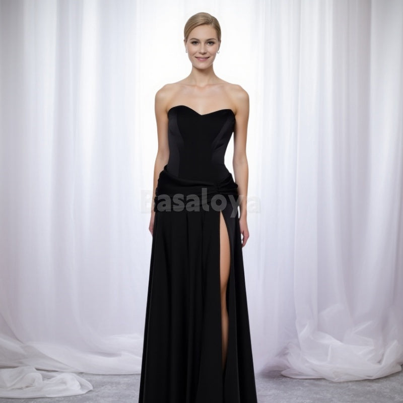 SP0047 Simple Black Sweetheart Straight Pleated Prom Formal Dress with Slit