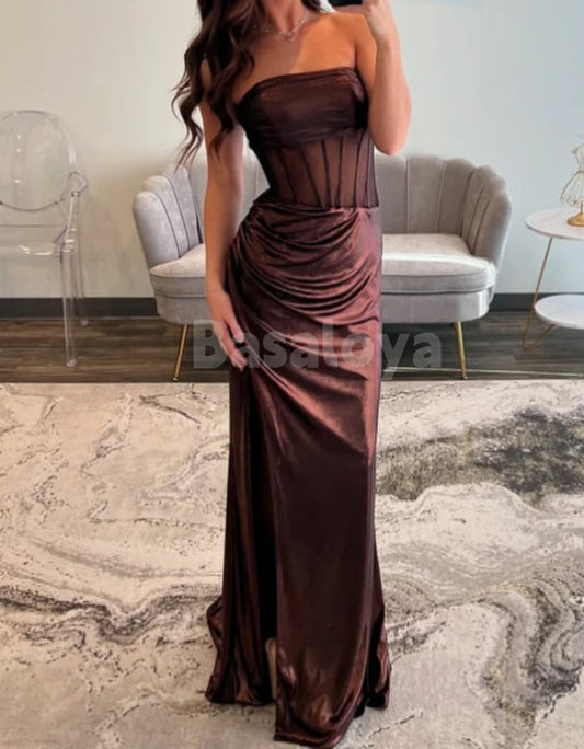 SP0055 Elegant Tube Top Sheath Pleated Satin Prom Formal Dress with Slit