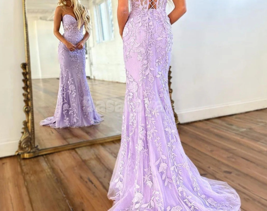SP0058 Elegant Lilac Sweetheart Mermaid Lace Appliques Prom Dress