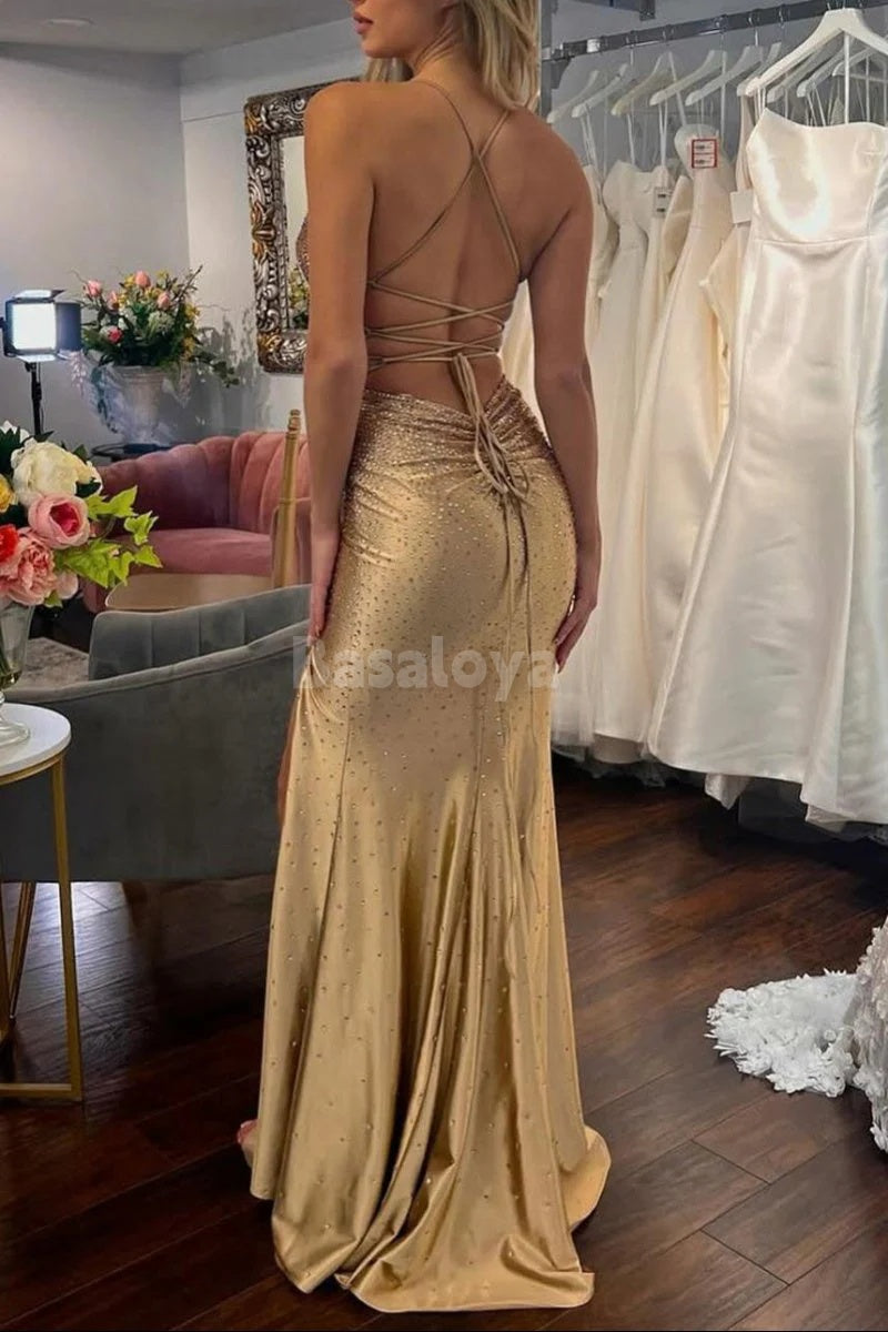 SP0060 Stunning Champagne Beaded Sweetheart Mermaid Prom Dress with Slit
