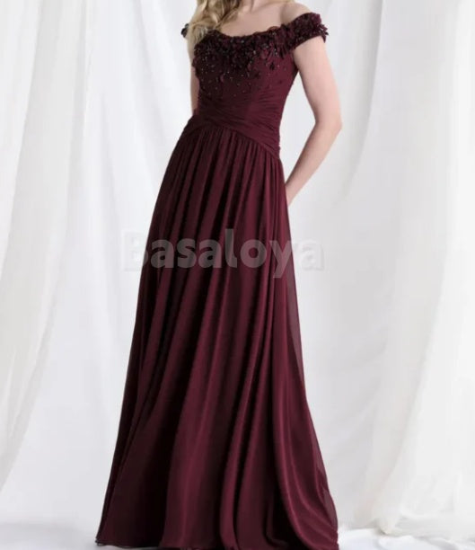 MG0003 Graceful Burgundy A-Line Chiffon Mother of Bride with 3D Beaded Floral