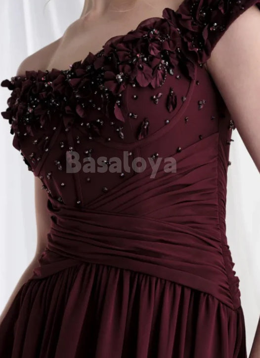 MG0003 Graceful Burgundy A-Line Chiffon Mother of Bride with 3D Beaded Floral