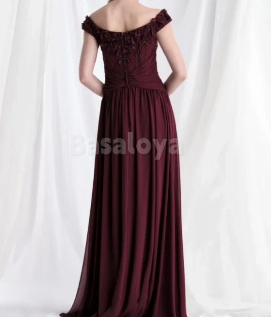 MG0003 Graceful Burgundy A-Line Chiffon Mother of Bride with 3D Beaded Floral