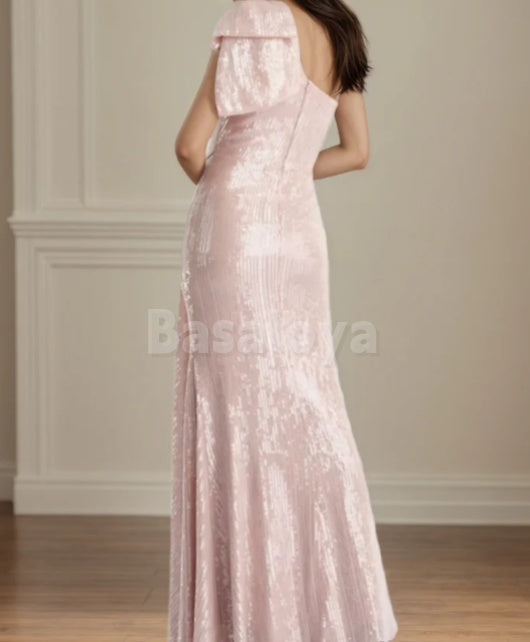 MG0006 Chic Crystal Pink One Shoulder Sequined Mother of Groom with Bow