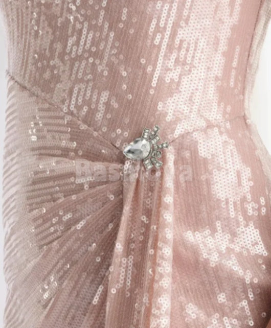 MG0006 Chic Crystal Pink One Shoulder Sequined Mother of Groom with Bow