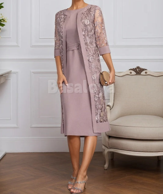 MG0009 Elegant Dusty Rose Scoop Neck Midi Mother of Groom with Applique Coat