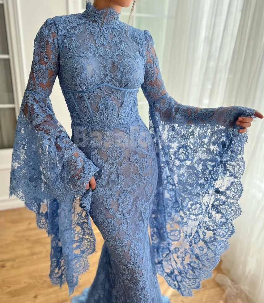 ED0041 Elegant Blue High Neck Long Sleeves Mermaid Evening Dress
