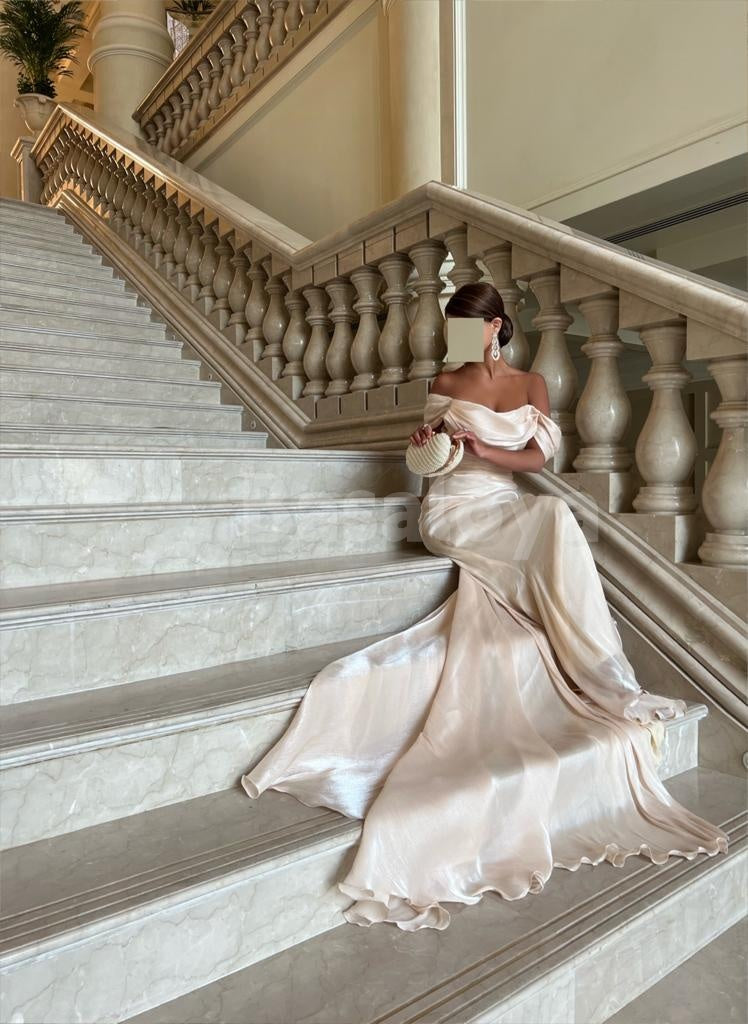 ED0042 Classic Pink Off-Shoulder Sheath Pleated Evening Gown with Train