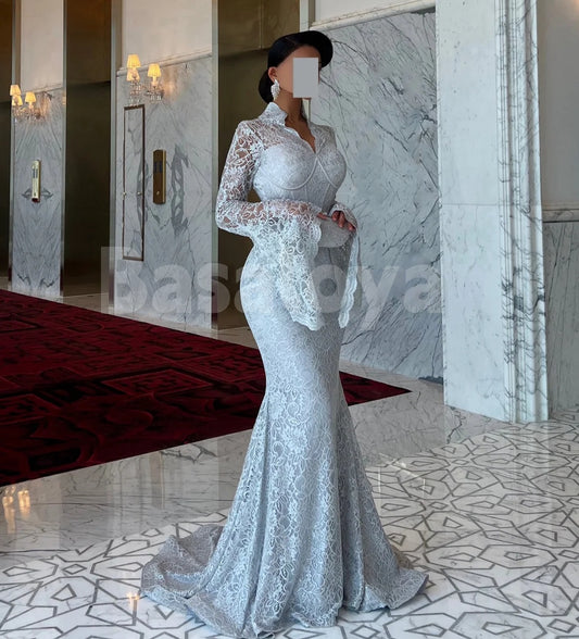ED0045 Luxury White Long Sleeves Mermaid Lace Evening Dress with Train