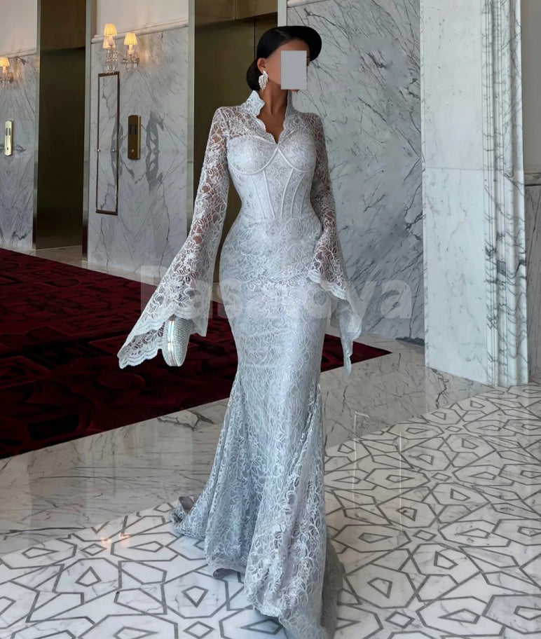 ED0045 Luxury White Long Sleeves Mermaid Lace Evening Dress with Train