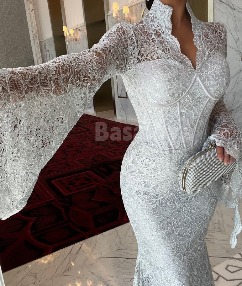 ED0045 Luxury White Long Sleeves Mermaid Lace Evening Dress with Train