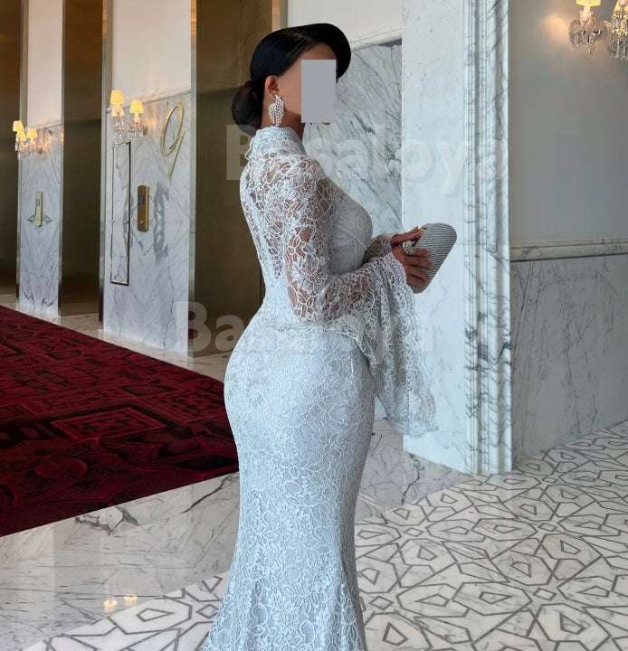 ED0045 Luxury White Long Sleeves Mermaid Lace Evening Dress with Train