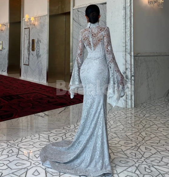 ED0045 Luxury White Long Sleeves Mermaid Lace Evening Dress with Train