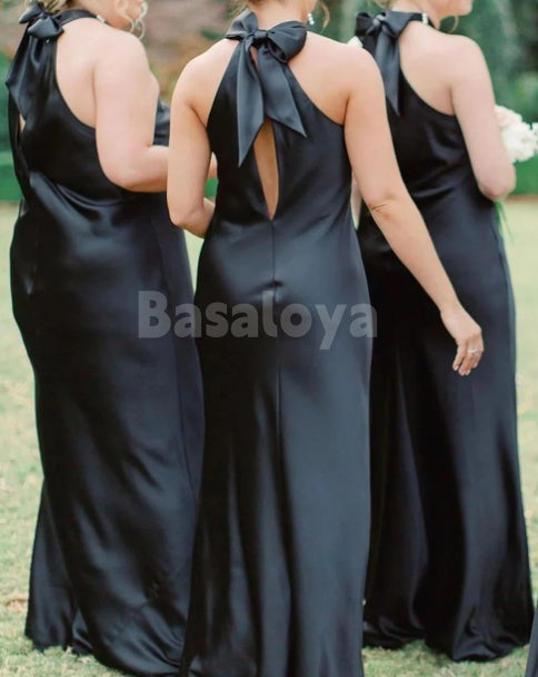 BM0018 Simple Black Cross-Neck Sheath Maxi Dress Bridesmaid Dresses