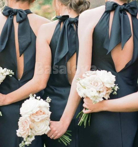 BM0018 Simple Black Cross-Neck Sheath Maxi Dress Bridesmaid Dresses