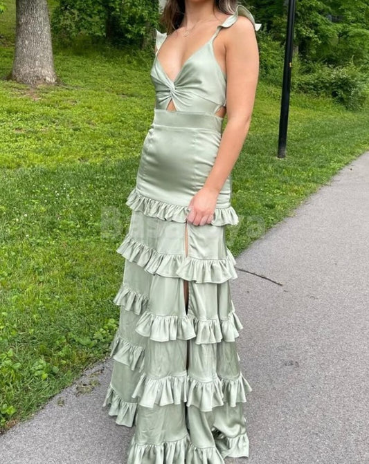 BM0006 Elegant Sage V-Neck Straps Tiered Satin Bridesmaid Dress with Slit