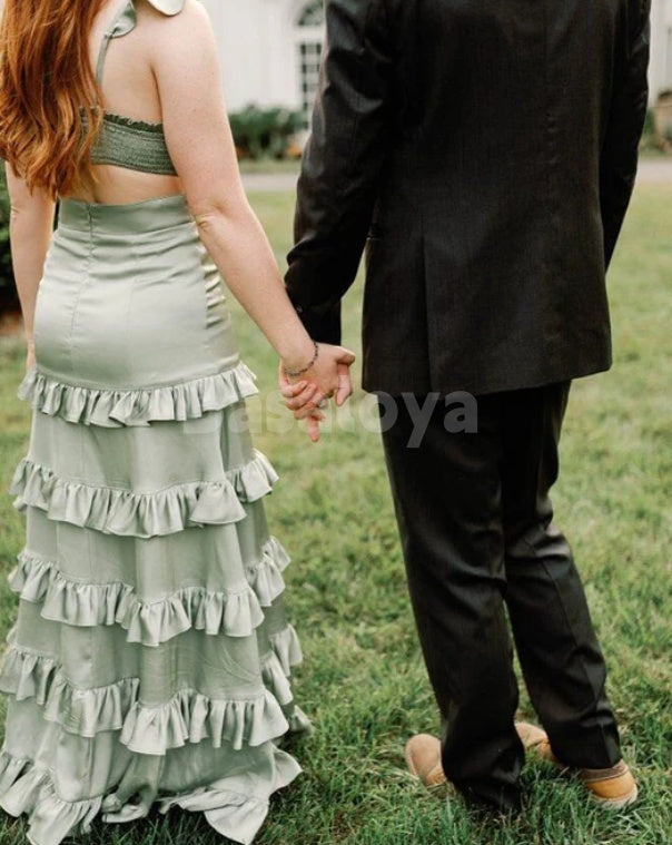 BM0006 Elegant Sage V-Neck Straps Tiered Satin Bridesmaid Dress with Slit