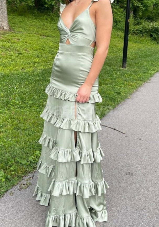 BM0006 Elegant Sage V-Neck Straps Tiered Satin Bridesmaid Dress with Slit