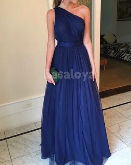 BM0009 Elegant Blue One Shoulder A-Line Lace Bridesmaid Dresses