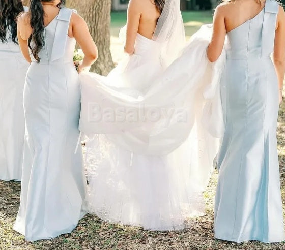 BM0010 Classic Blue One Shoulder Mermaid Long Bridesmaid Dress with Bow