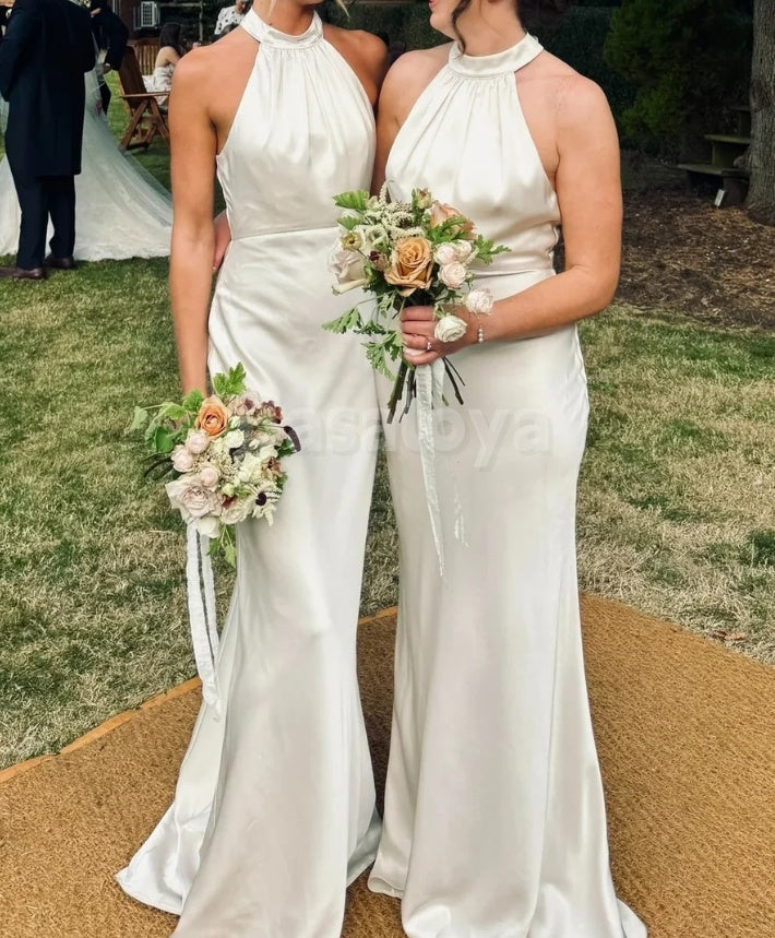 BM0019 Chic White High Neck Mermaid Satin Long Prom Dress Bridesmaid Gown