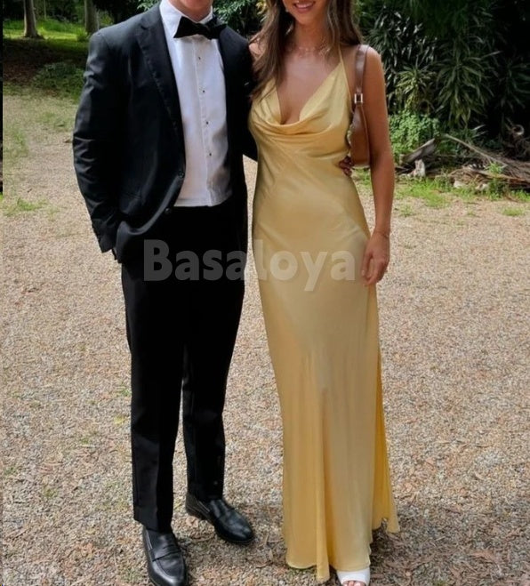 BM0002 Simple Yellow Spaghetti Straps Sheath Satin Maxi Dress Bridesmaid Dress
