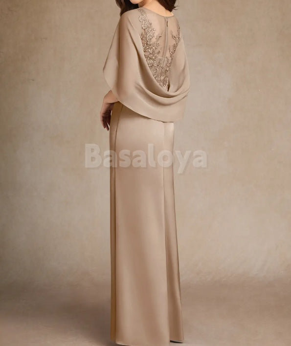 MG0011 Elegant Light Brown Cape Sleeve Straight Mother of Bride with Appliques