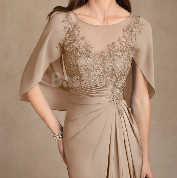 MG0011 Elegant Light Brown Cape Sleeve Straight Mother of Bride with Appliques