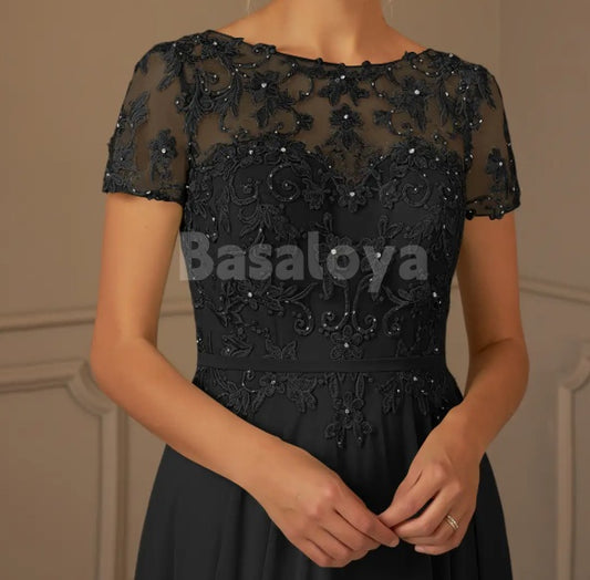 MG0014 Elegant Beaded Black Short Sleeve A-Line Mother of Bride with Applique