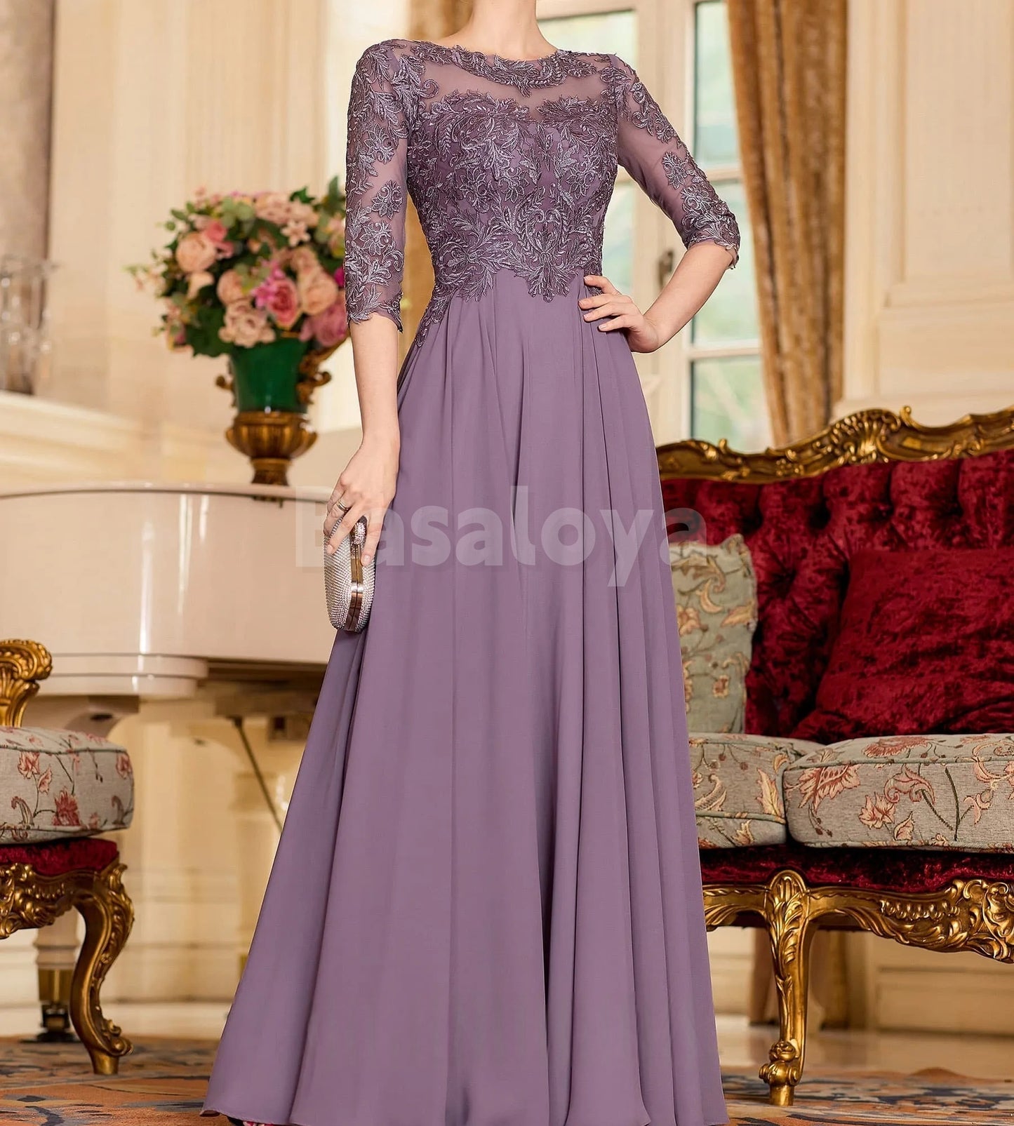 MG0016 Graceful Applique Half Sleeves A-Line Chiffon Mother of the Bridal Gown