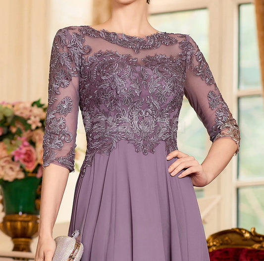 MG0016 Graceful Applique Half Sleeves A-Line Chiffon Mother of the Bridal Gown