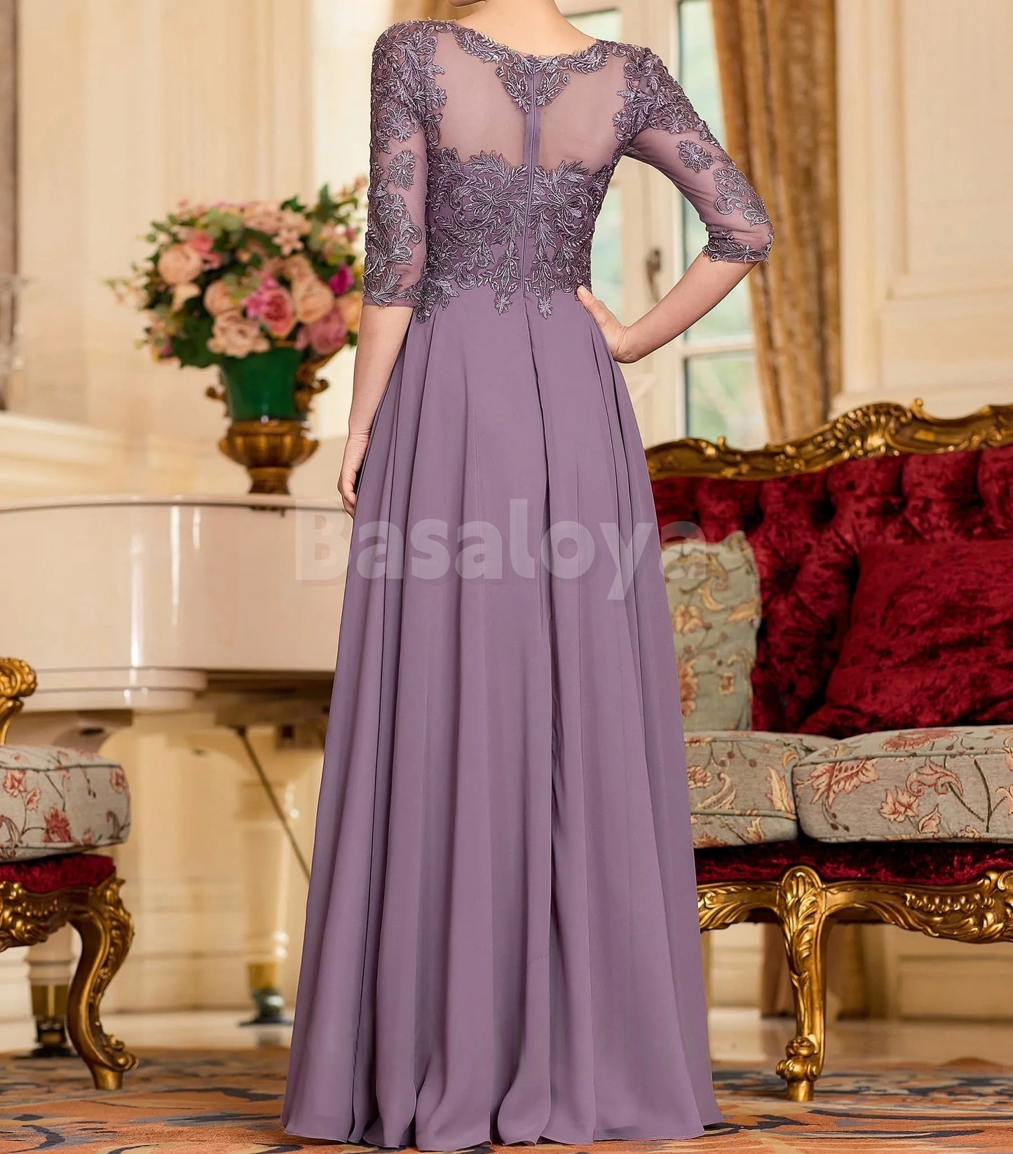 MG0016 Graceful Applique Half Sleeves A-Line Chiffon Mother of the Bridal Gown