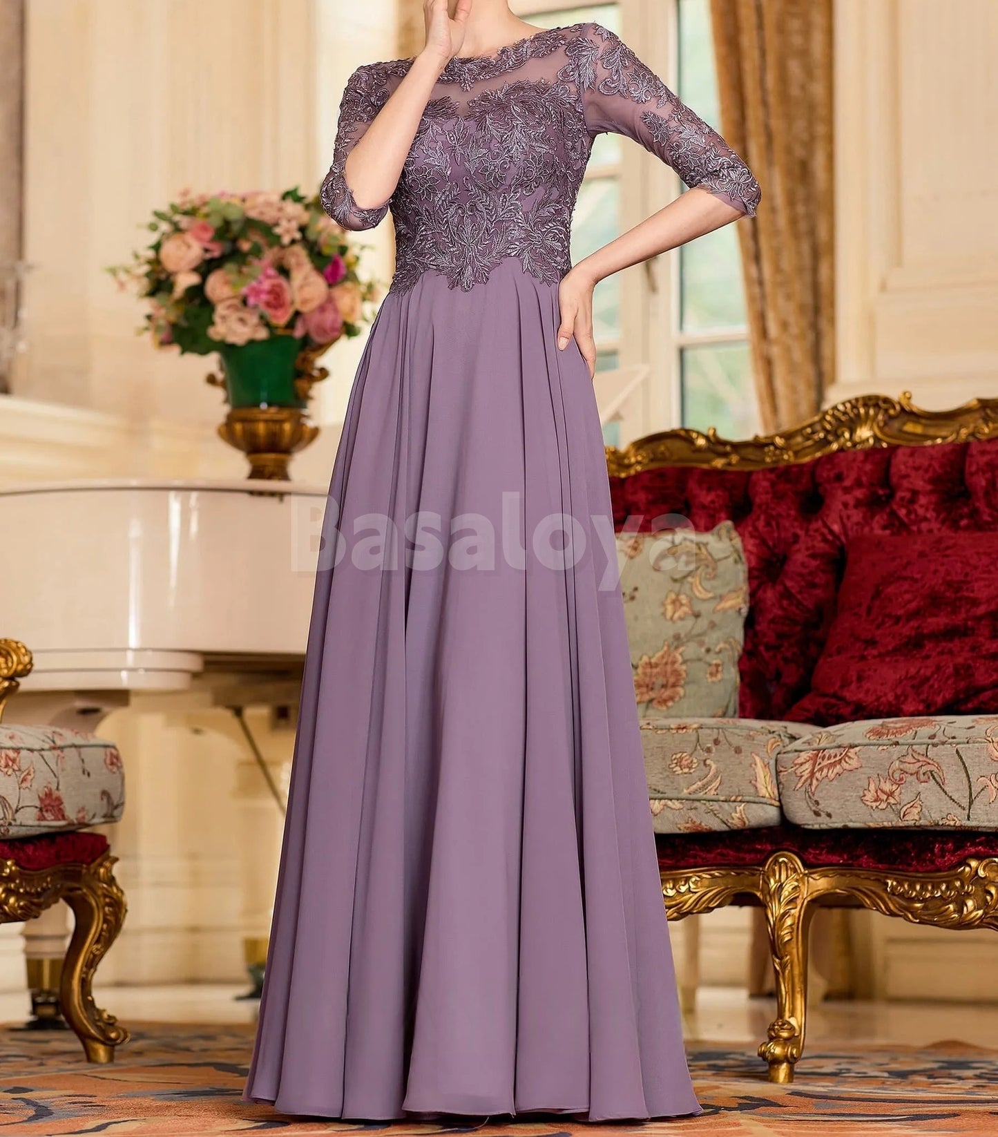 MG0016 Graceful Applique Half Sleeves A-Line Chiffon Mother of the Bridal Gown