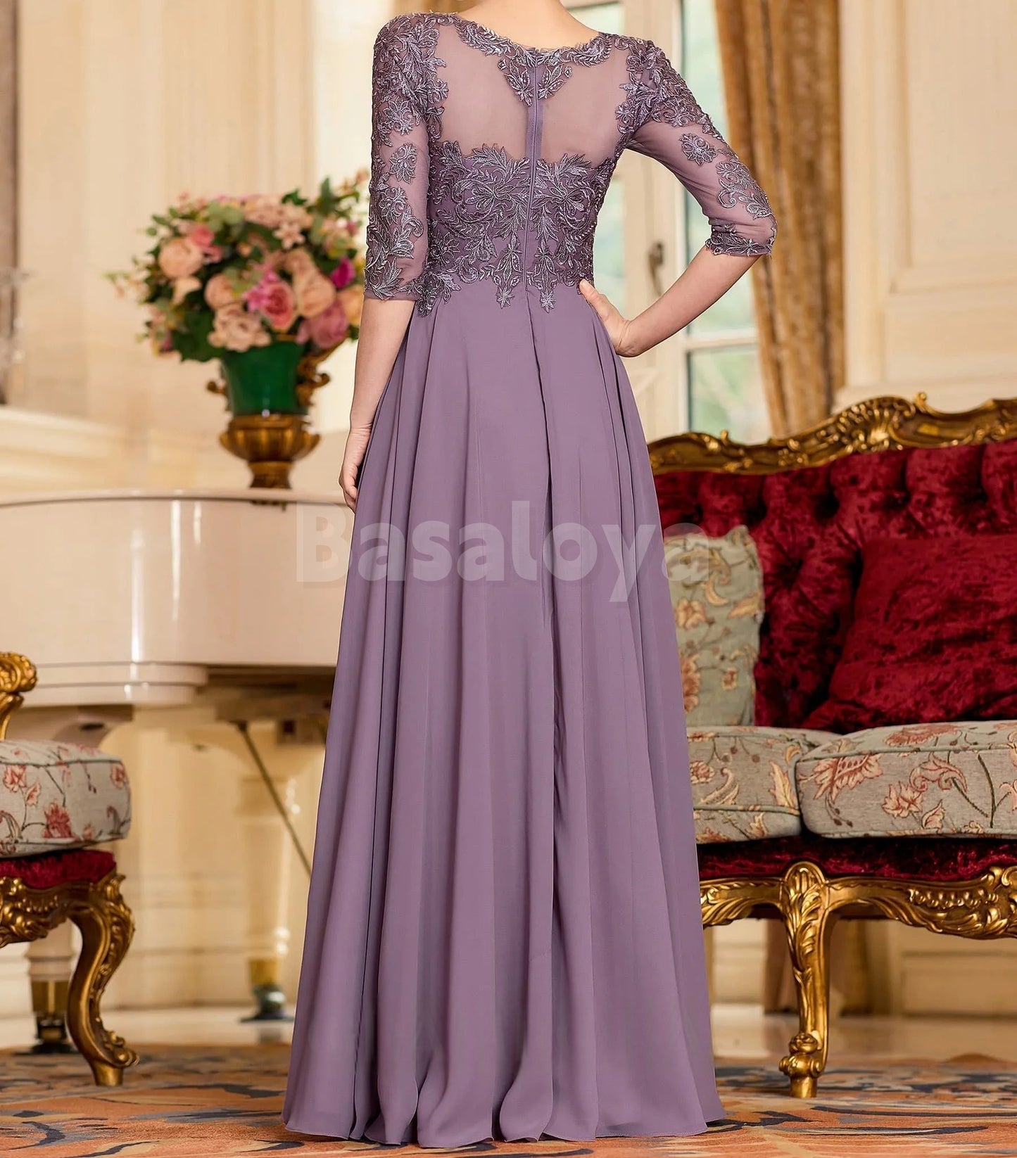 MG0016 Graceful Applique Half Sleeves A-Line Chiffon Mother of the Bridal Gown