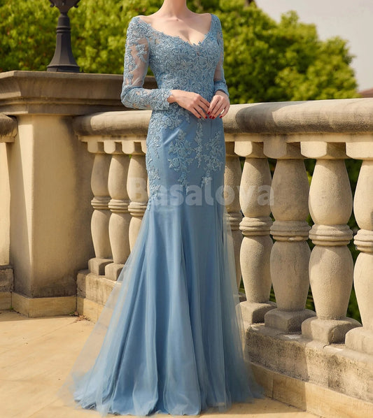 MG0019 Elegant Blue Long Sleeves V-Neck Mermaid Lace Applique Mother of Groom