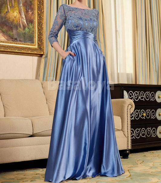 MG0020 Graceful Half Sleeves A-Line Satin Mother of Bride with Appliques