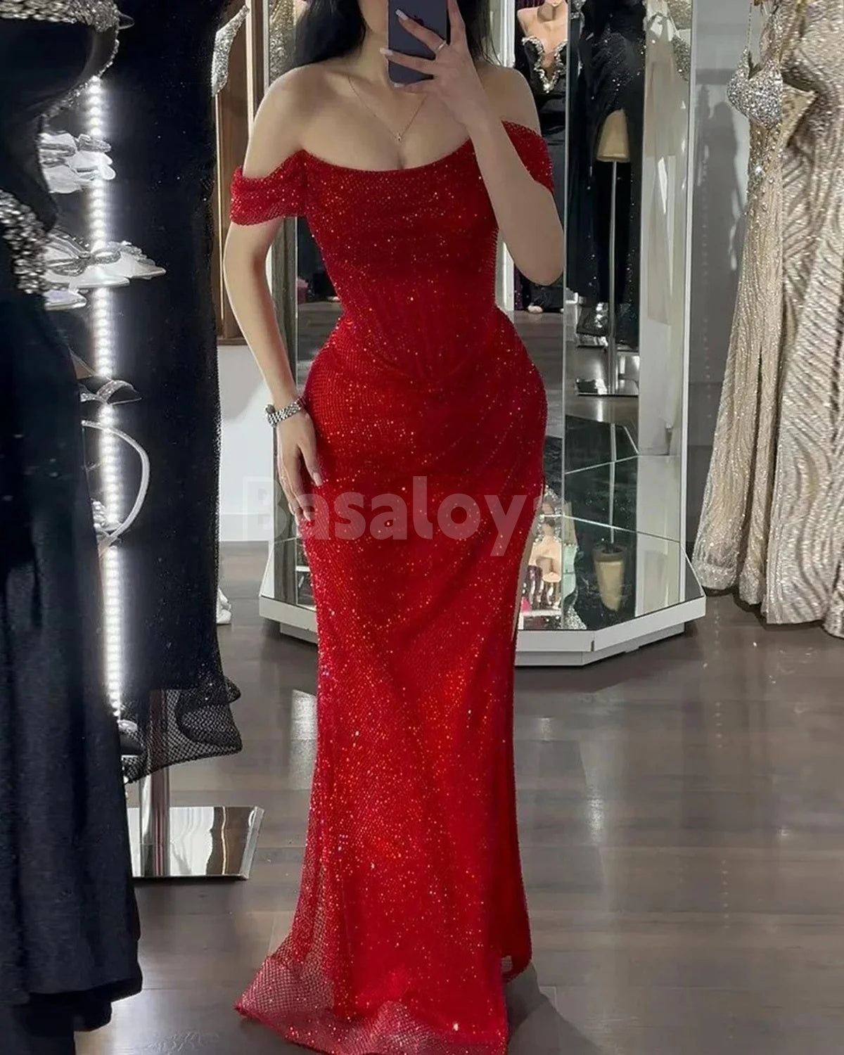 SP0110 Stunning Red Off Shoulder Sequined Prom Party Dress with Slit