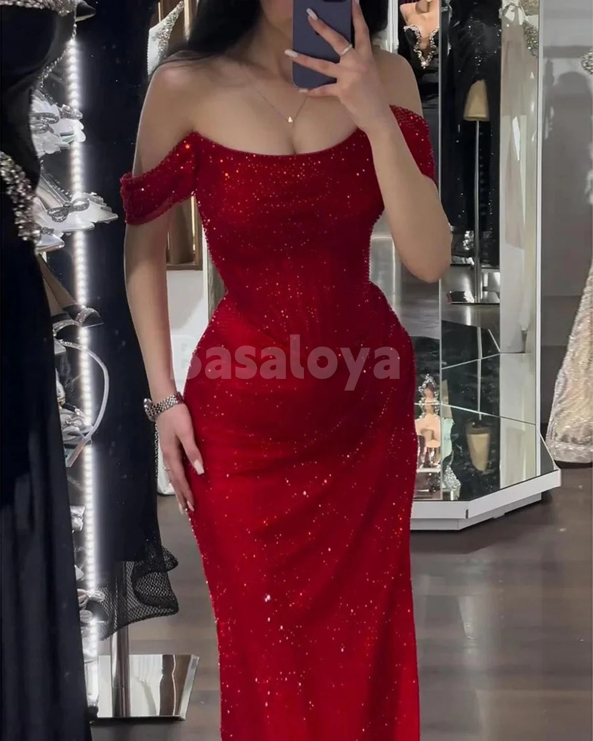 SP0110 Stunning Red Off Shoulder Sequined Prom Party Dress with Slit