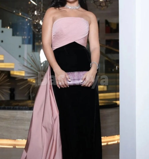 ED0102 Elegant Pink&Black Strapless Sheath Pleated Evening Dress with Train