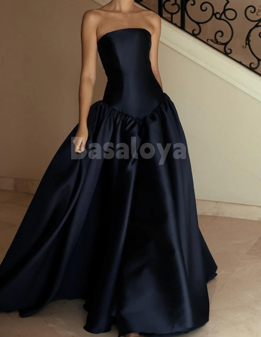 ED0105 Classic Navy Strapless A-Line Pleated Evening Dress Formal Gown
