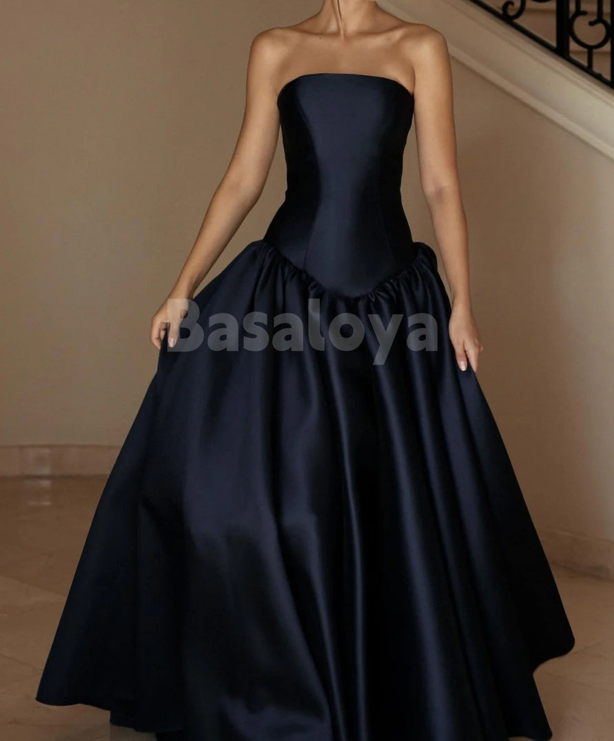 ED0105 Classic Navy Strapless A-Line Pleated Evening Dress Formal Gown